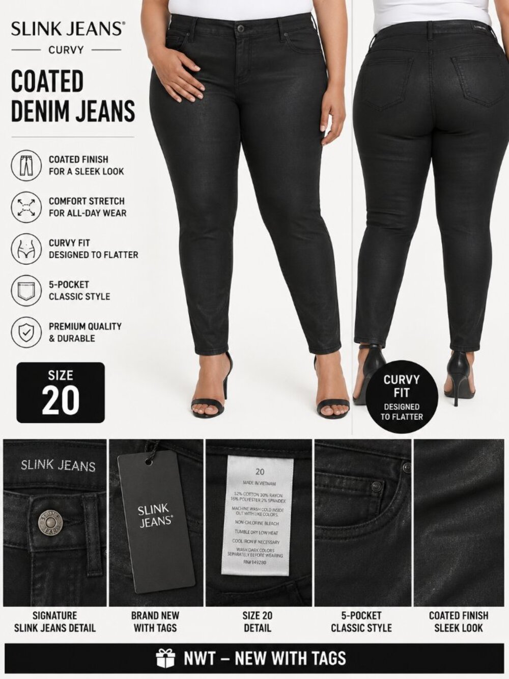NWT Slink Jeans Curvy Coated Black Denim Jeans Women's Size 20